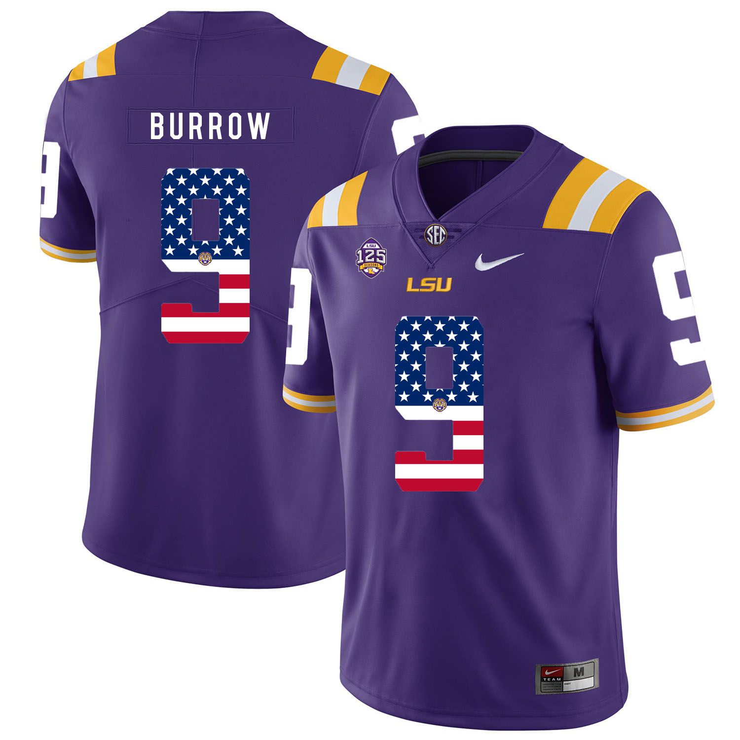 Men LSU Tigers 9 Burrow Purple Flag Customized NCAA Jerseys